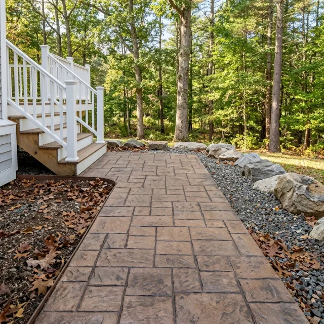 Stamped concrete walkway in a rectangular paver pattern