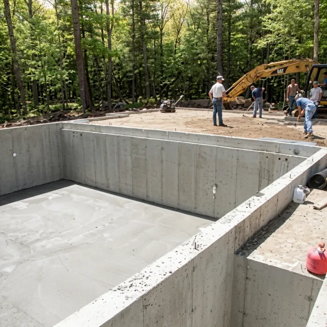 Crew working above finished basement foundation floor