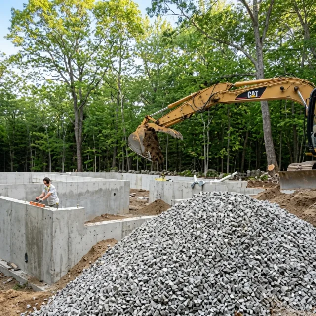 Excavator placing material inside concrete foundation walls