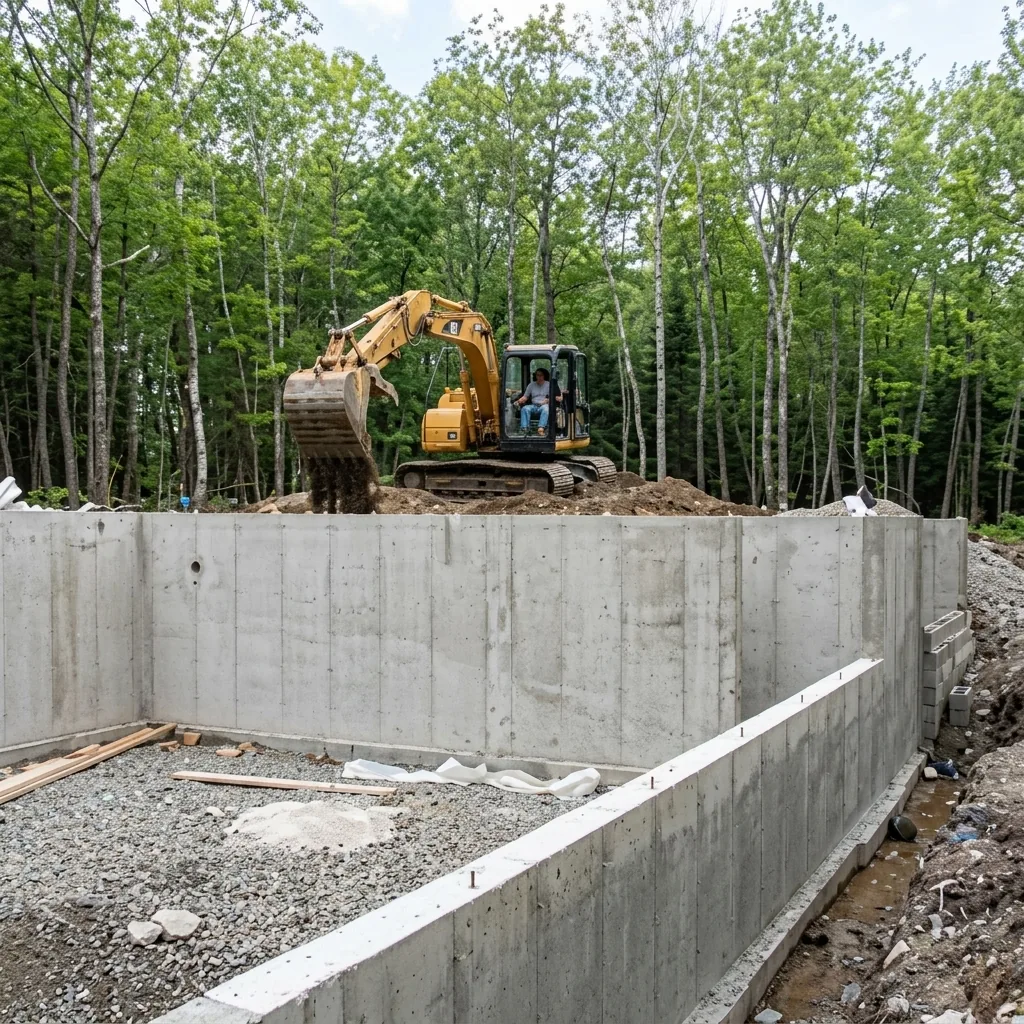 Excavator working alongside a newly poured concrete foundation