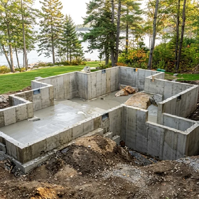 Concrete foundation overlooking the Maine coast