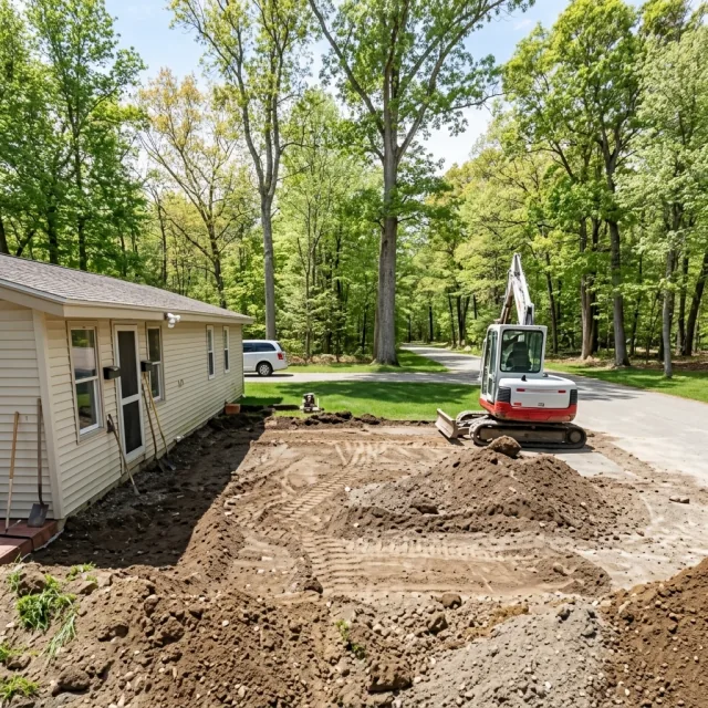 Excavator preparing a residential driveway