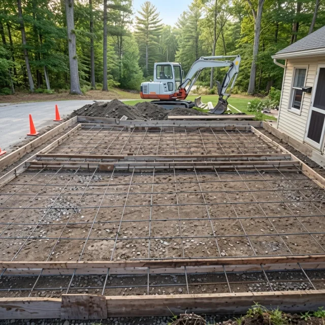 Reinforcement grid and forms prepared for driveway pour