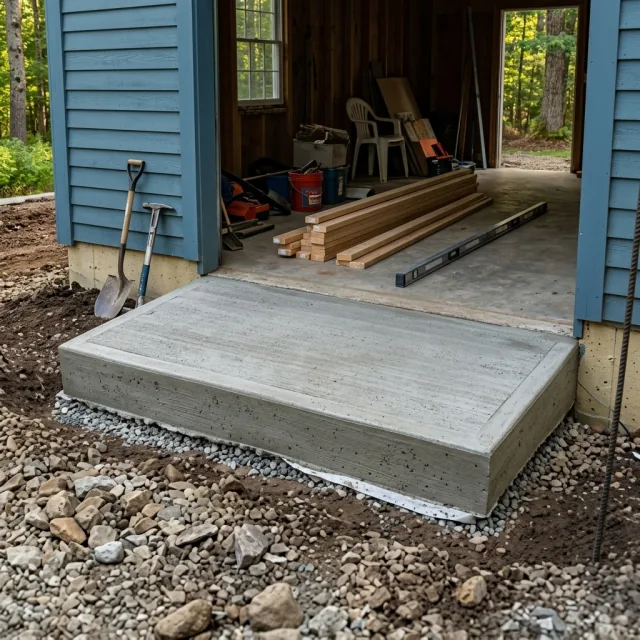 Completed red concrete step at a barn entry