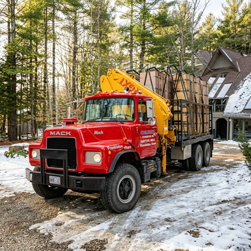 Sawyer Brothers red concrete work truck in winter